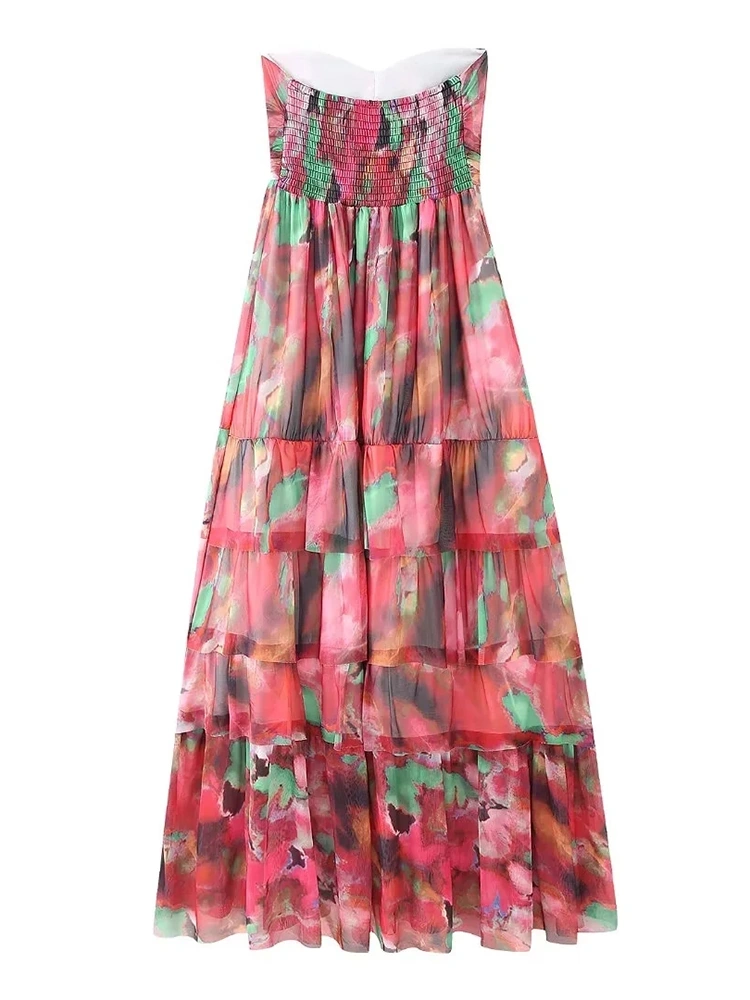 Printing Layeres Strapless Maxi Dresses New