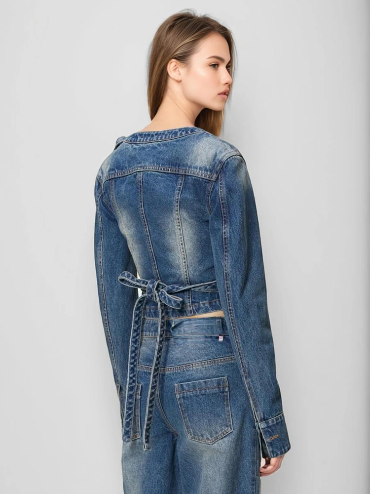 Asymmetric Denim Tie Up Short Jacket