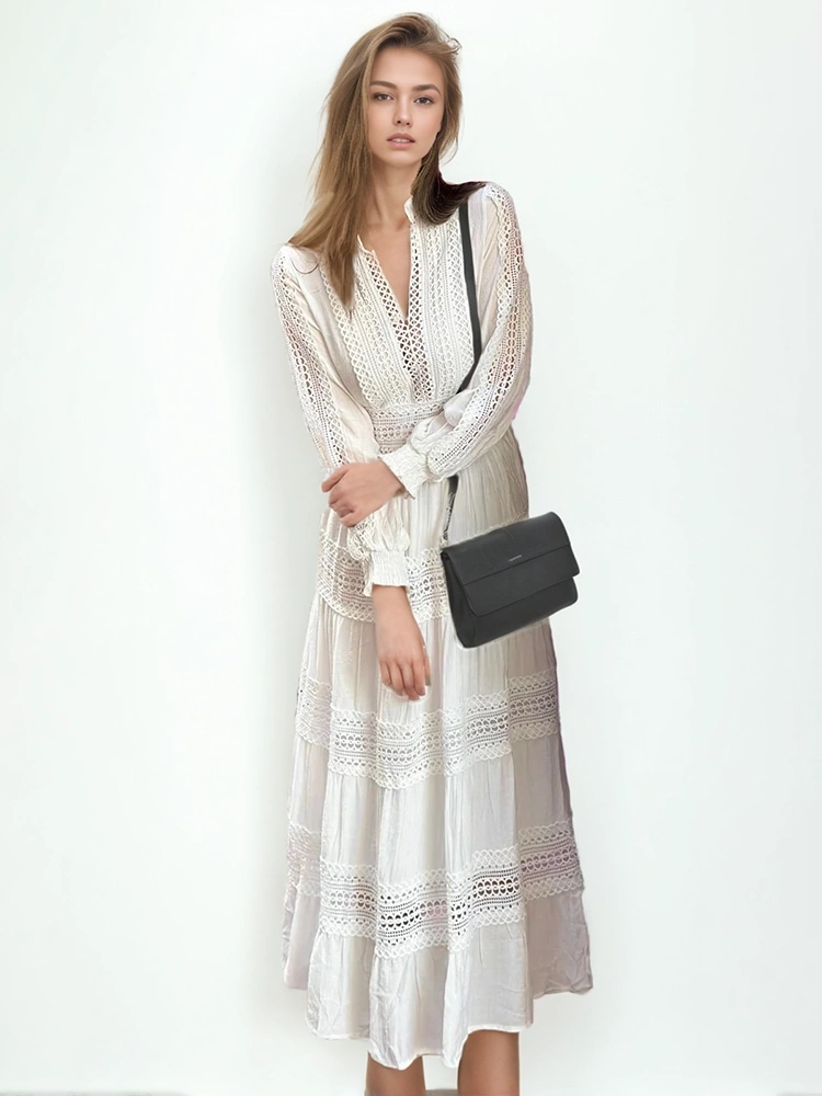 V Neck Hollow Latern Sleeve Lace Maxi Dresses  New