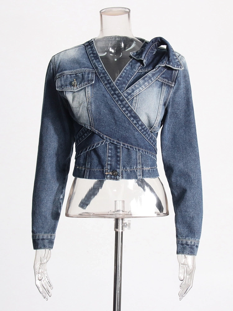 Asymmetric Denim Tie Up Short Jacket