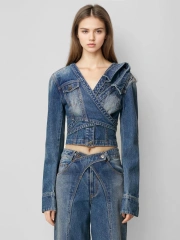 Asymmetric Denim Tie Up Short Jacket