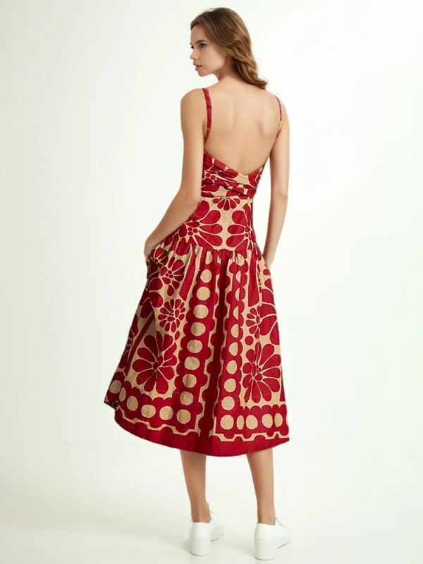 Red Printing Pollka Dot Waist Strap Maxi Dresses New