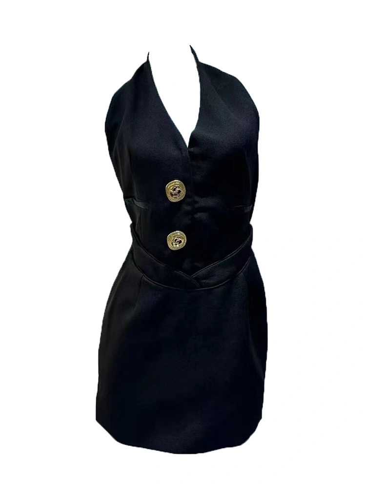 Hanging Neck Deep V  Backless Vest Dresses