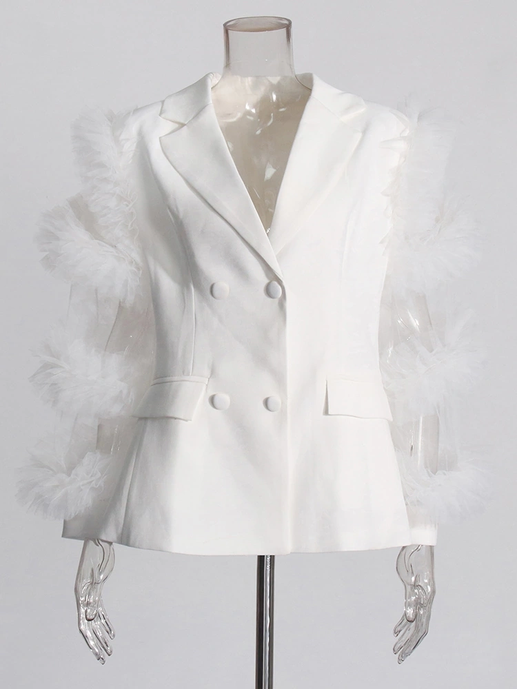 Spliced Mesh Ruffle Edge Long Sleeve Suit Blazer