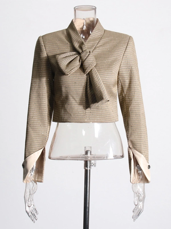 Sequin Bow Short Jacket Top High Waist A line Pleated Skirt Two Piece Set