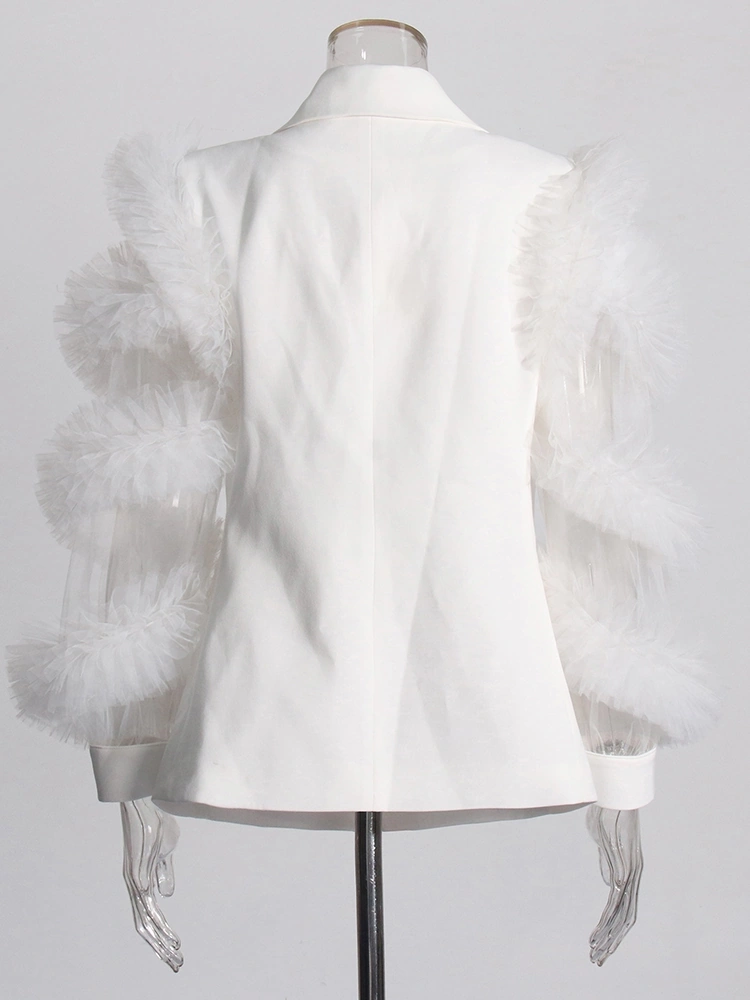 Spliced Mesh Ruffle Edge Long Sleeve Suit Blazer