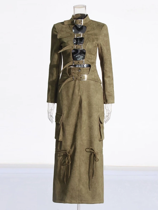 Hollow Needle Buckle Jacket With High Waist Skirt Two Piece Set