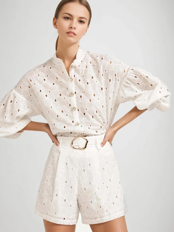 Embroidered Polka Dot Hollow Out White Two Piece Set