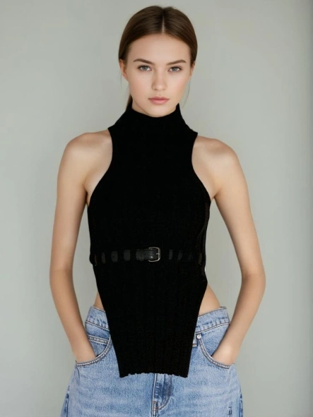 Sleeveless High Neck Irregular Waistband Knited Top Vest New