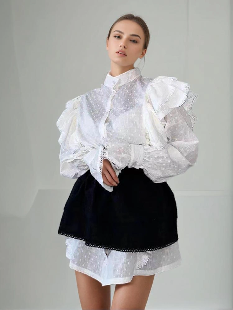 Stand Collar Pearl Single Row Wide Ruffle Edge Long Sleeve Mini Dress