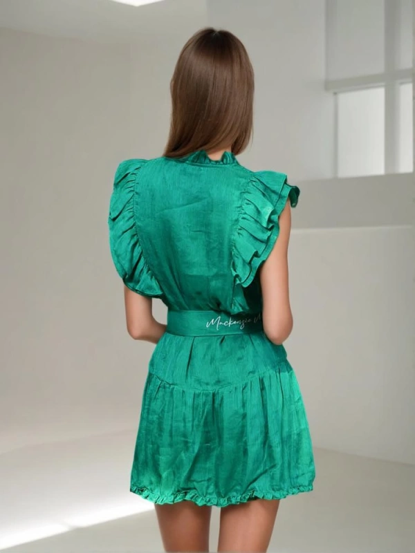 Reffle Sleeve Waisr Cinched Printing Dress New