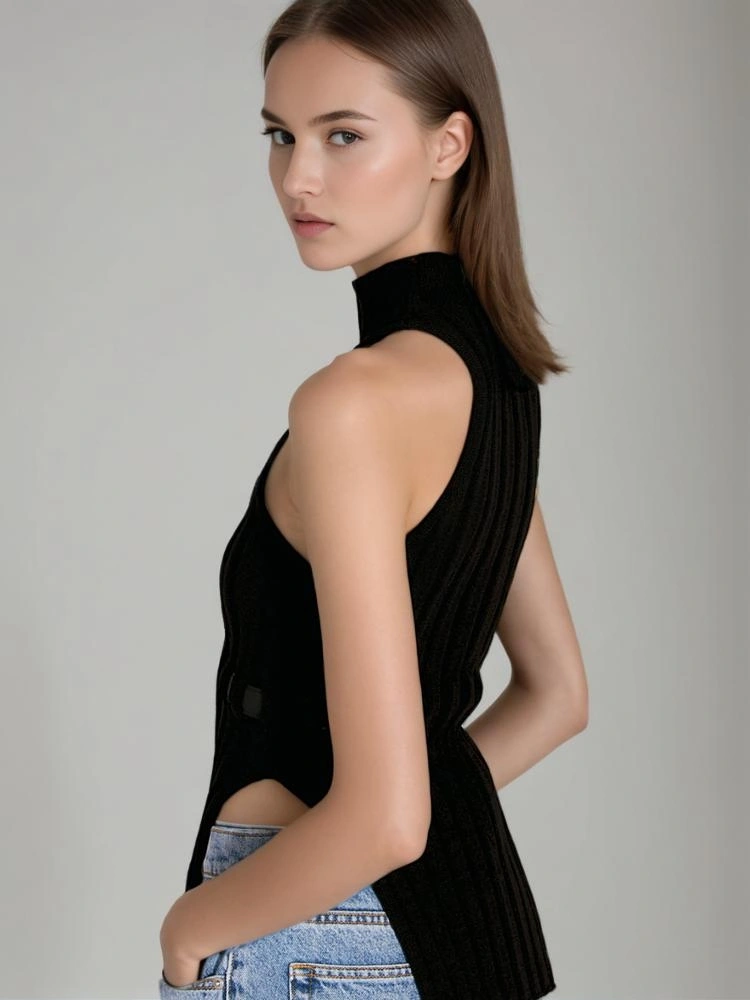 Sleeveless High Neck Irregular Waistband Knited Top Vest New