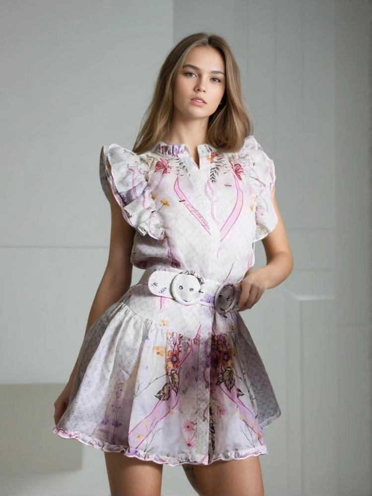 Reffle Sleeve Waisr Cinched Printing Dress New