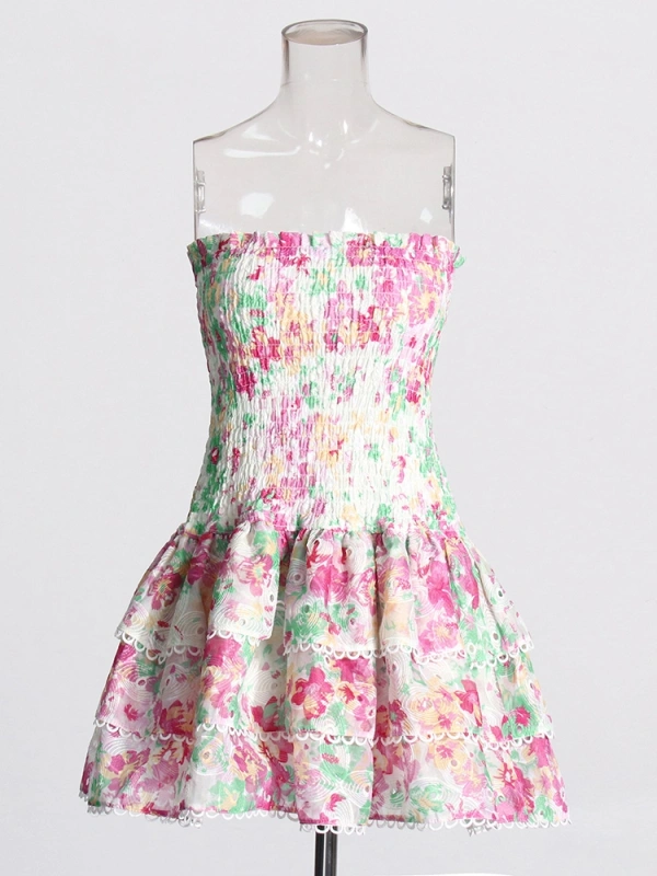 Printing Strapless Fold Floral Mini Dresses