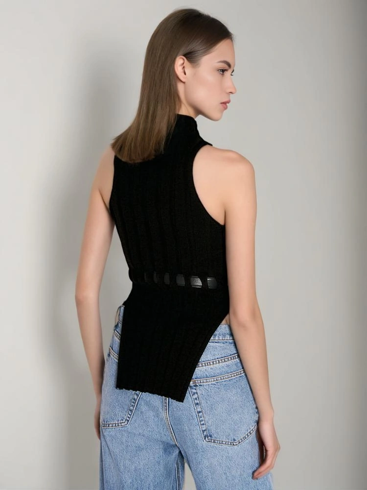 Sleeveless High Neck Irregular Waistband Knited Top Vest New