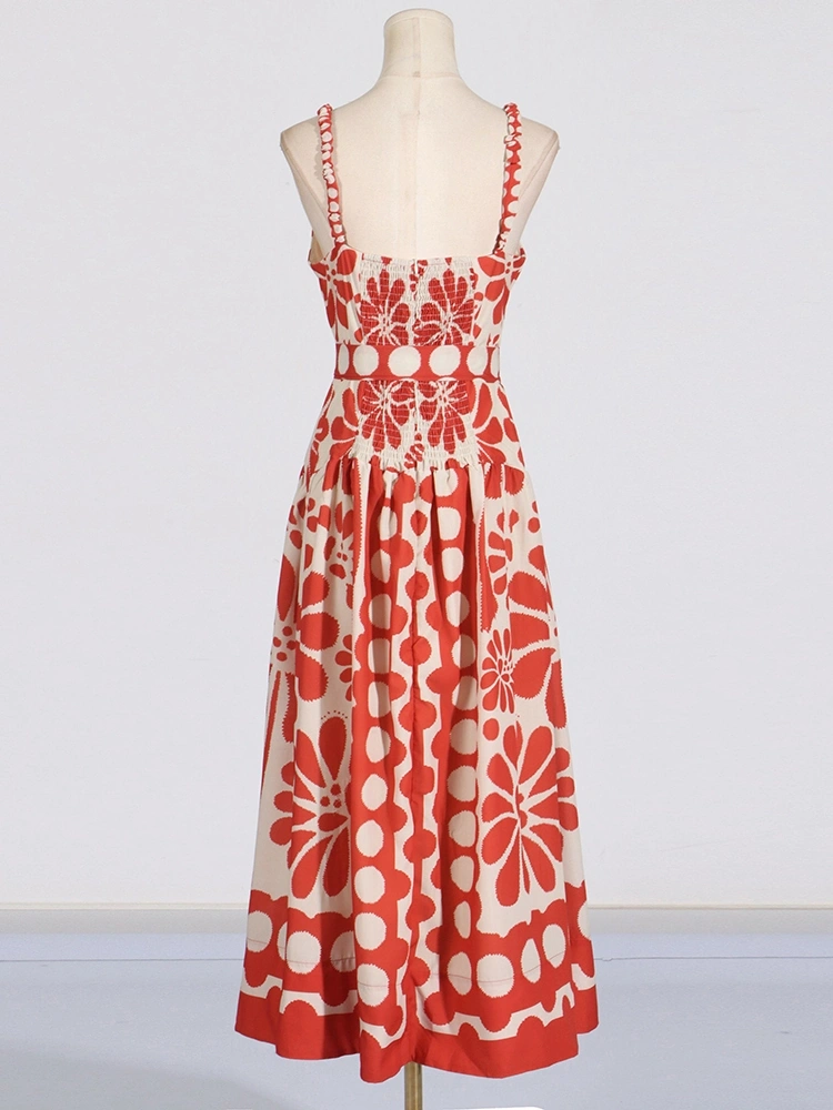 Red Printing Pollka Dot Waist Strap Maxi Dresses New