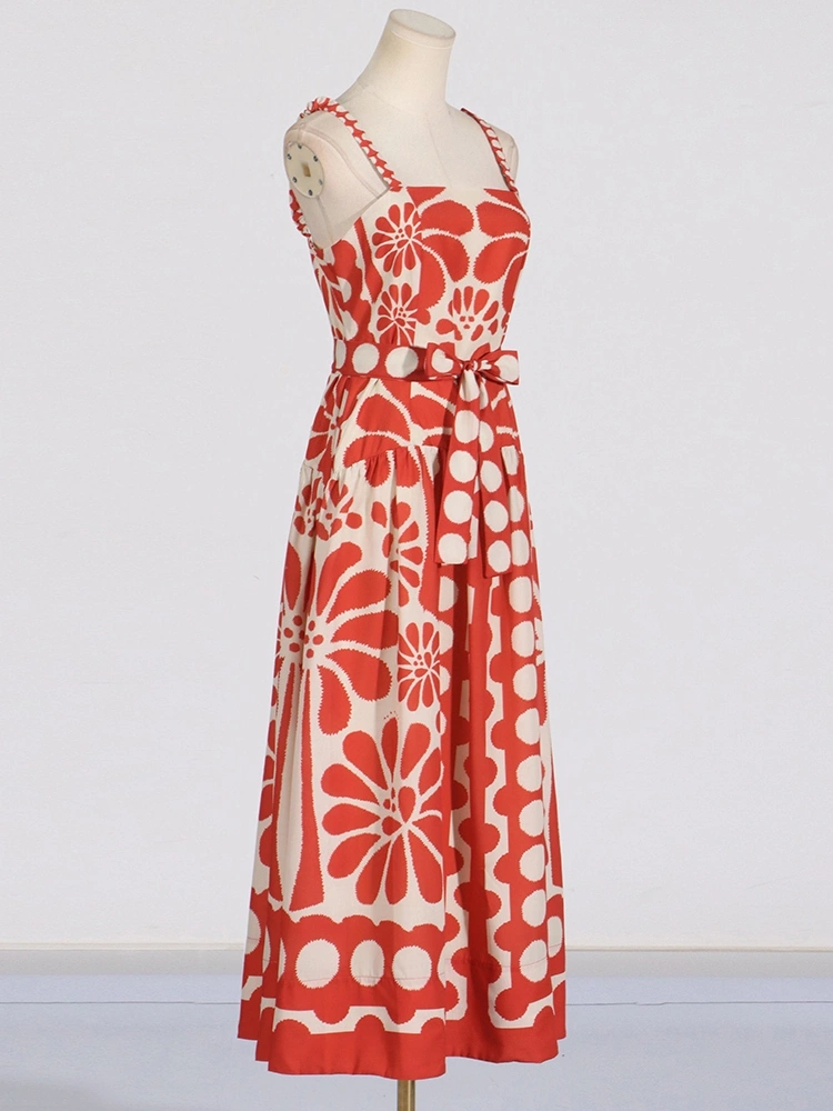 Red Printing Pollka Dot Waist Strap Maxi Dresses New