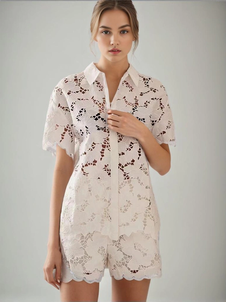 Embroidered Lapel Hollow Out Two Piece Set New