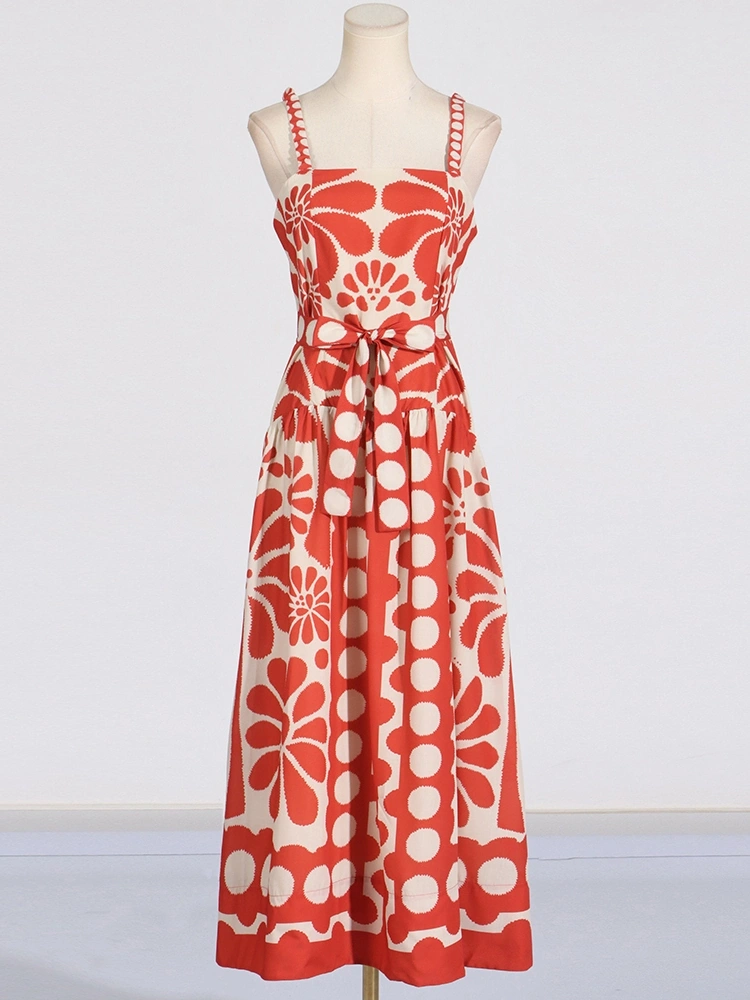 Red Printing Pollka Dot Waist Strap Maxi Dresses New