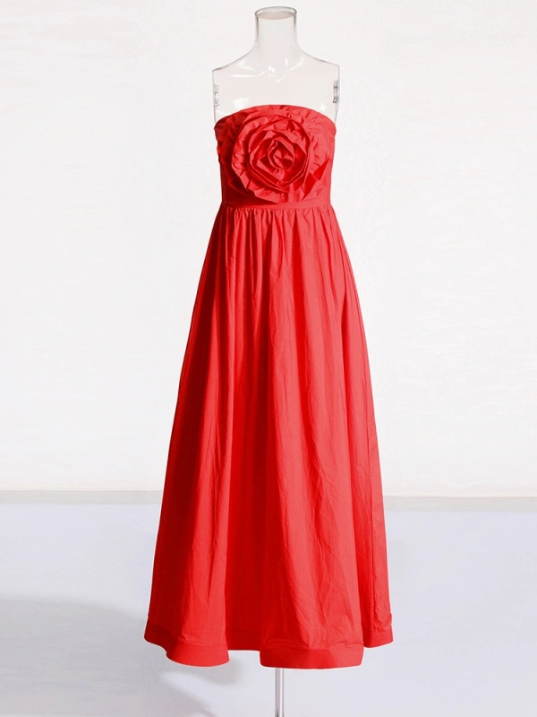 Red Large Rose Patchwork High Waist Strapless Maxi Dresses