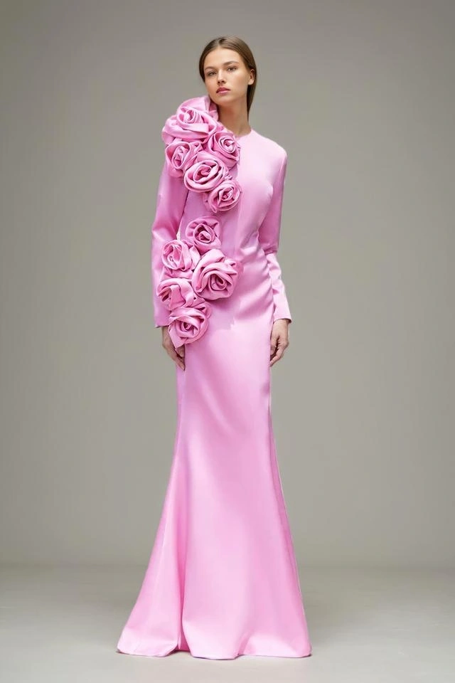 Flower Round Neck Slim  Long Sleeve Maxi Dresses