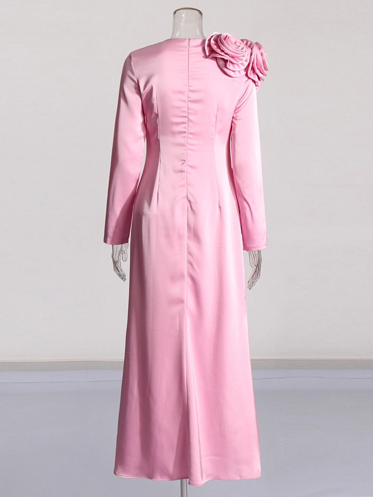 Flower Round Neck Slim  Long Sleeve Maxi Dresses