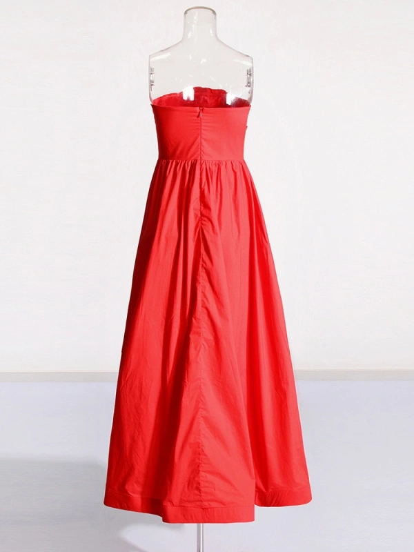 Red Large Rose Patchwork High Waist Strapless Maxi Dresses