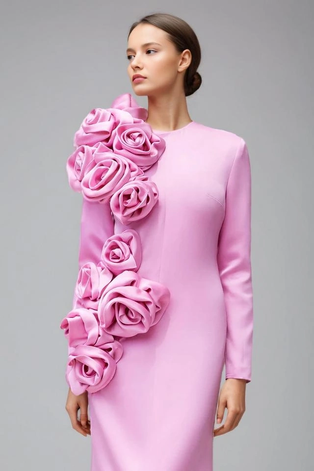 Flower Round Neck Slim  Long Sleeve Maxi Dresses