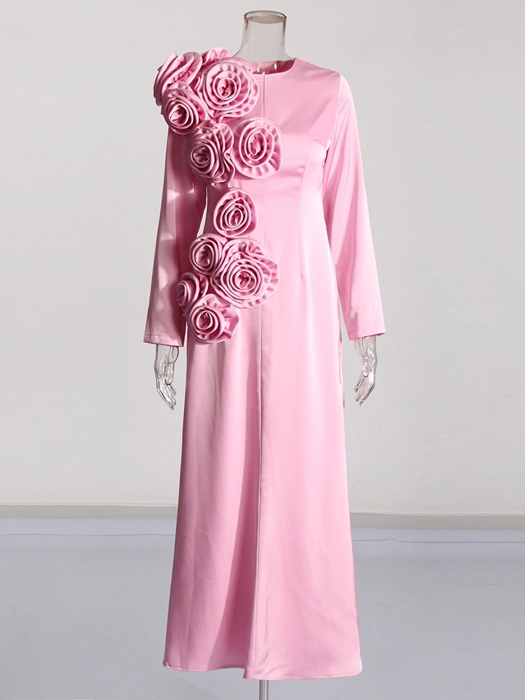 Flower Round Neck Slim  Long Sleeve Maxi Dresses