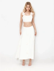 3D Floral Shoulder Strap Vest  Sexy High Waist Skirt  Two Piece Set