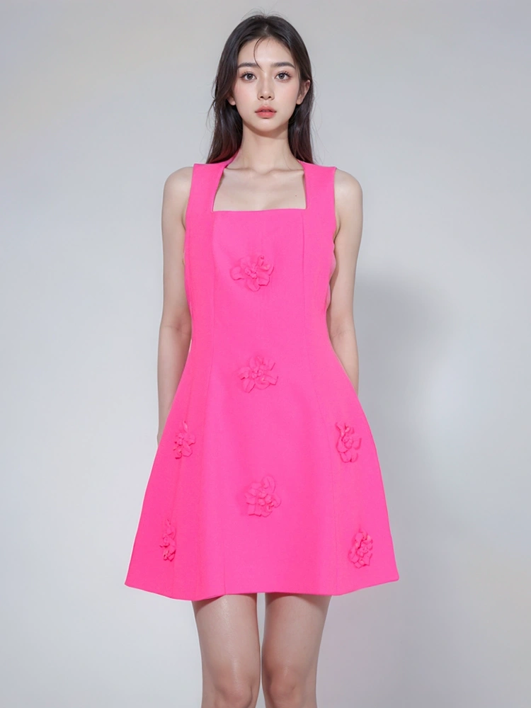 Square Neck Three-Dimensional Flower A Line Sleeveless Dresses