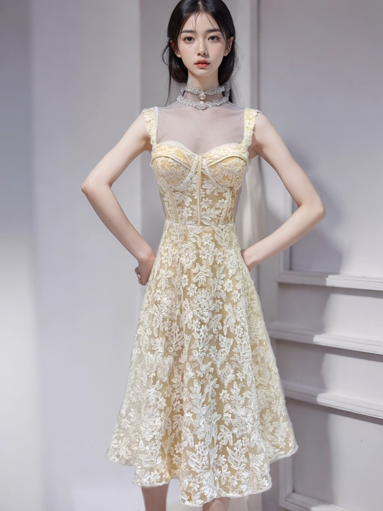Embroidered Floral Mesh Suspender Dresses New