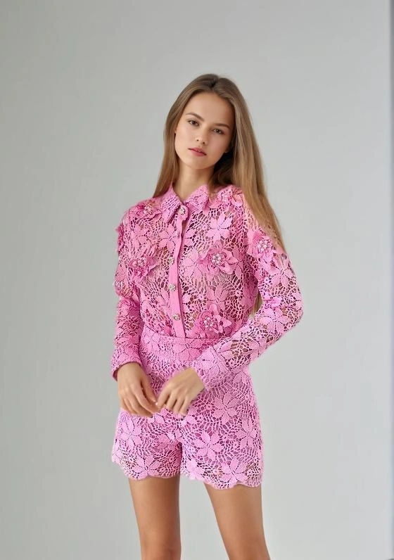Embroidered Flower Long Sleeve Two Piece Set New