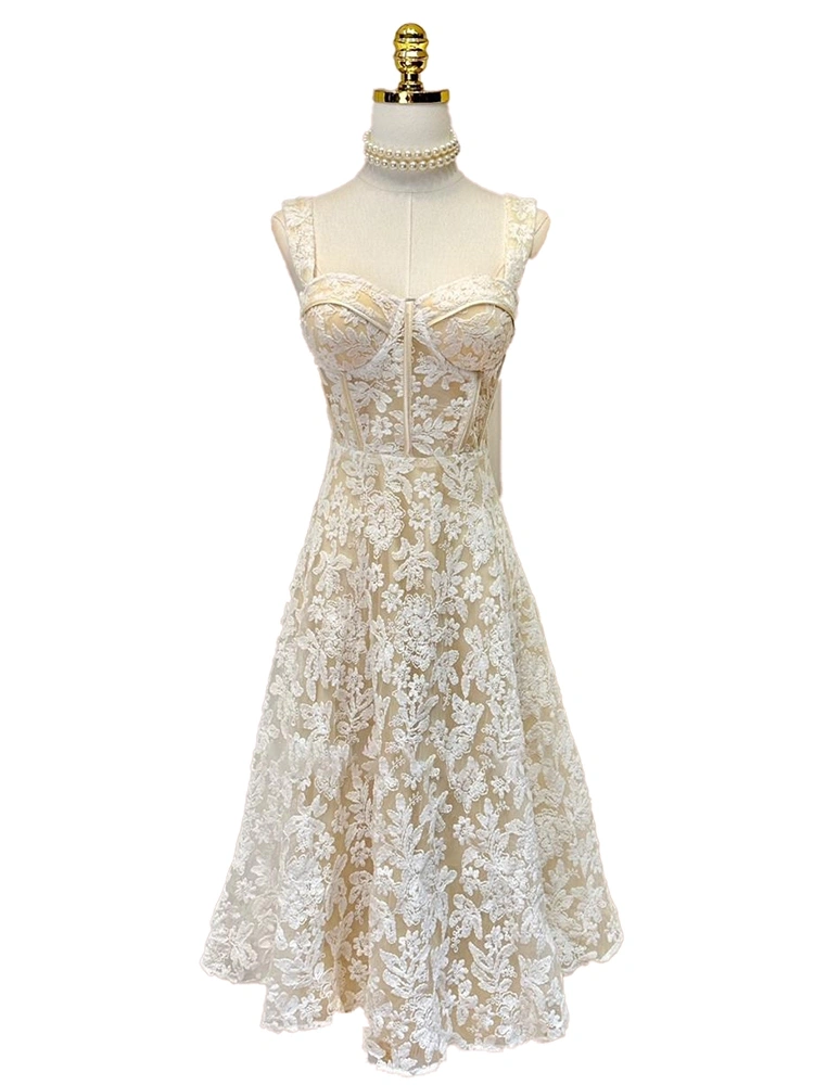 Embroidered Floral Mesh Suspender Dresses New