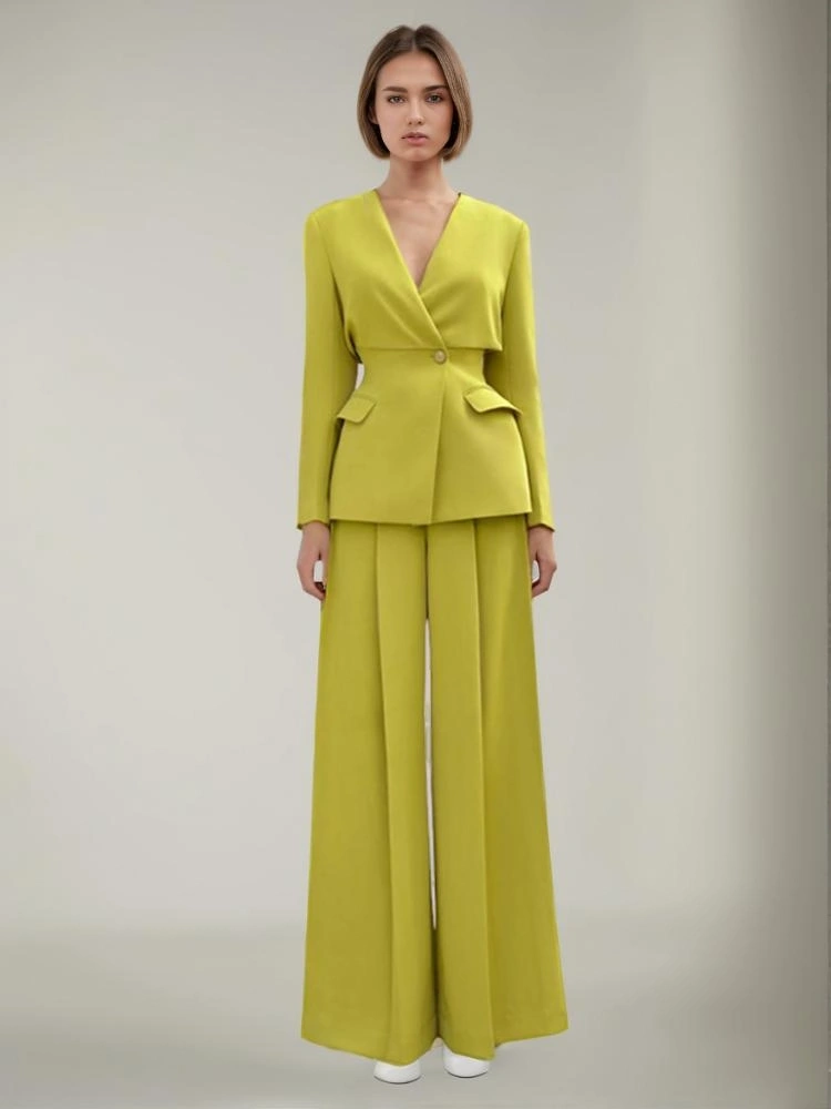 V Neck High Wiat Pleated Two Piece Set
