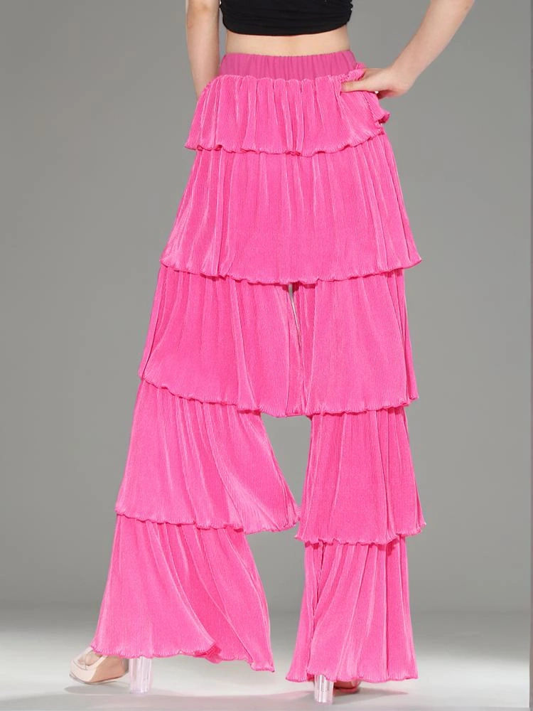 High Waist Patchwork Layer Ruffle Edge Floor Mop Pants