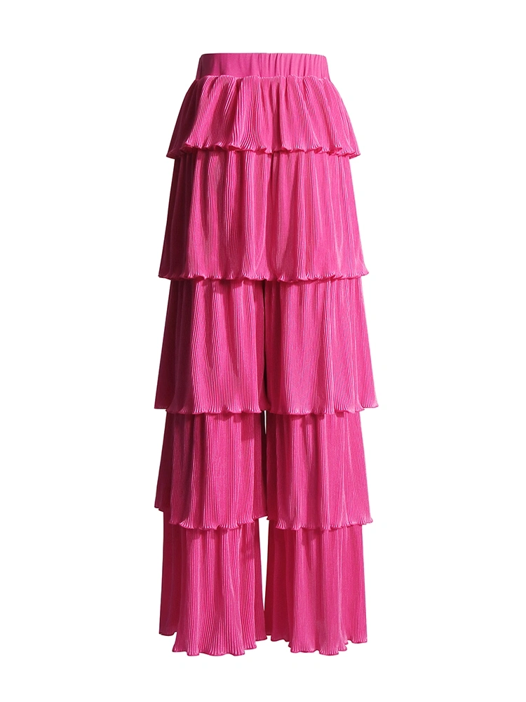 High Waist Patchwork Layer Ruffle Edge Floor Mop Pants