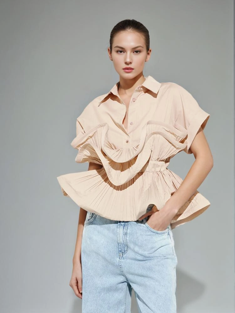 Flip Collar Patchwork Ruffled Edge Short Sleeve Shirt