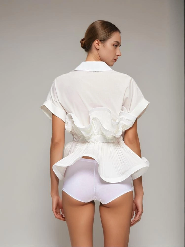Flip Collar Patchwork Ruffled Edge Short Sleeve Shirt