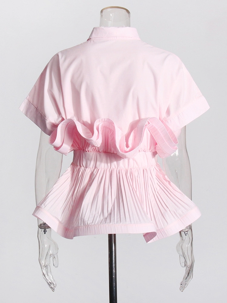 Flip Collar Patchwork Ruffled Edge Short Sleeve Shirt