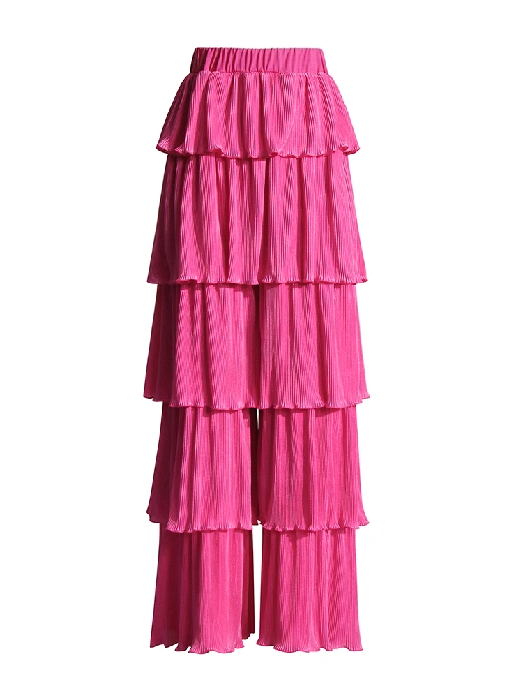 High Waist Patchwork Layer Ruffle Edge Floor Mop Pants