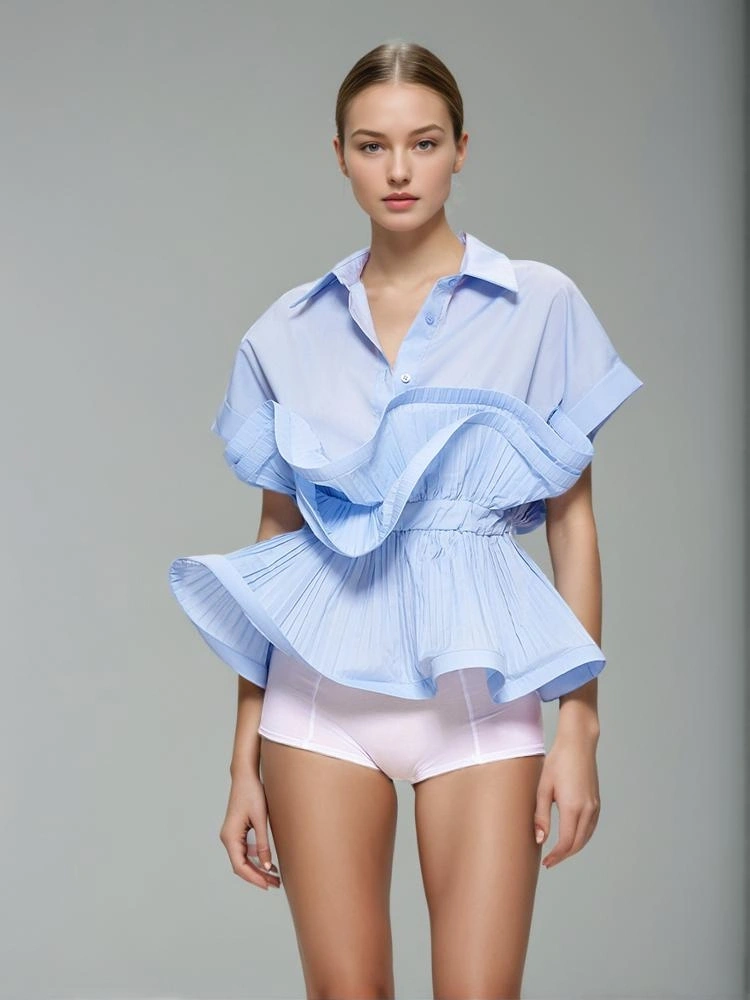 Flip Collar Patchwork Ruffled Edge Short Sleeve Shirt