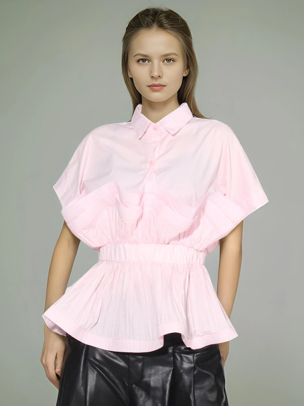 Flip Collar Patchwork Ruffled Edge Short Sleeve Shirt