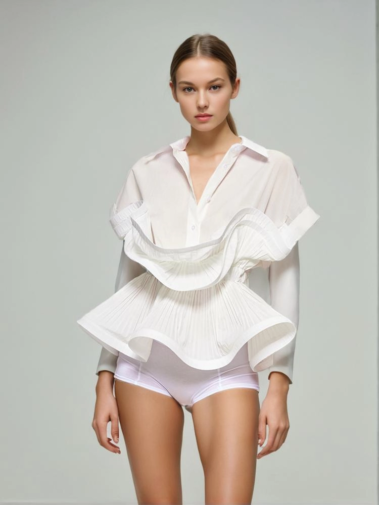 Short Ruffle Shirt Flip Collar Ruffled Edge Short Sleeve Shirt