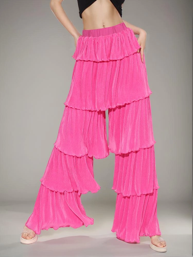 High Waist Patchwork Layer Ruffle Edge Floor Mop Pants