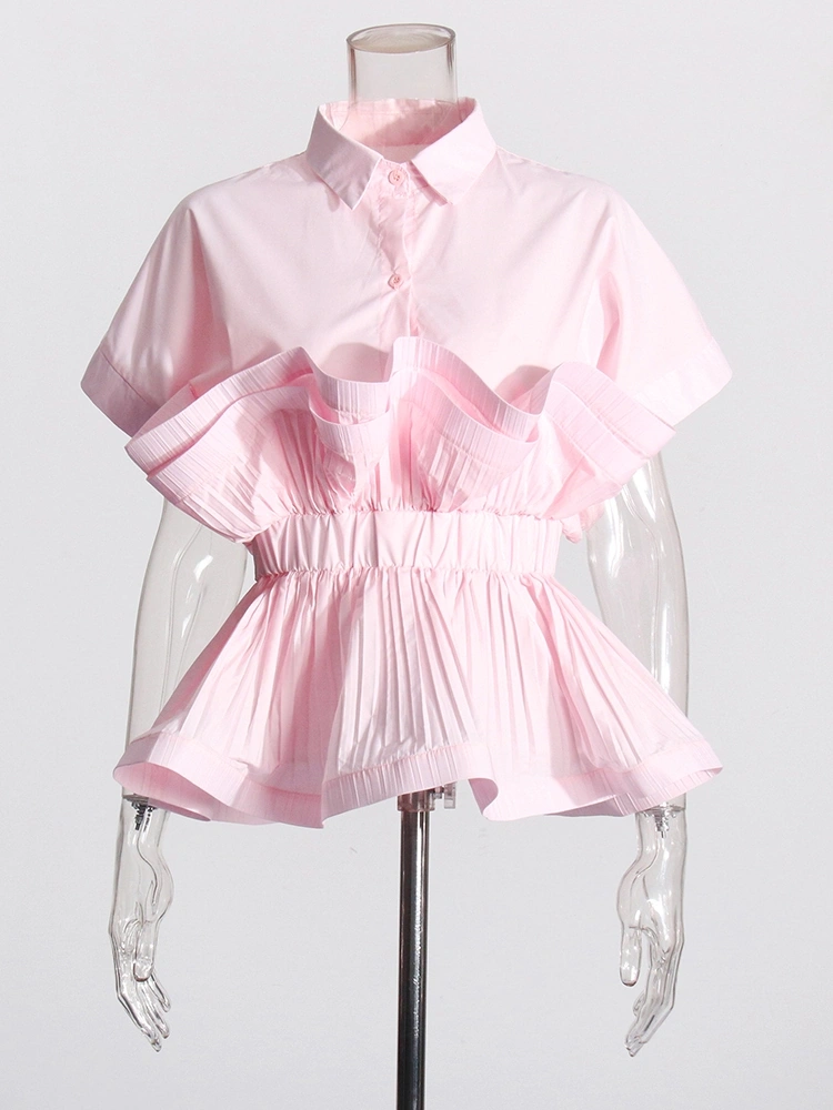 Flip Collar Patchwork Ruffled Edge Short Sleeve Shirt