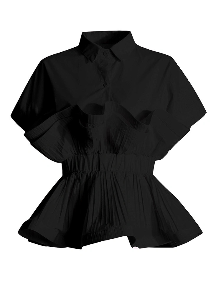 Flip Collar Patchwork Ruffled Edge Short Sleeve Shirt