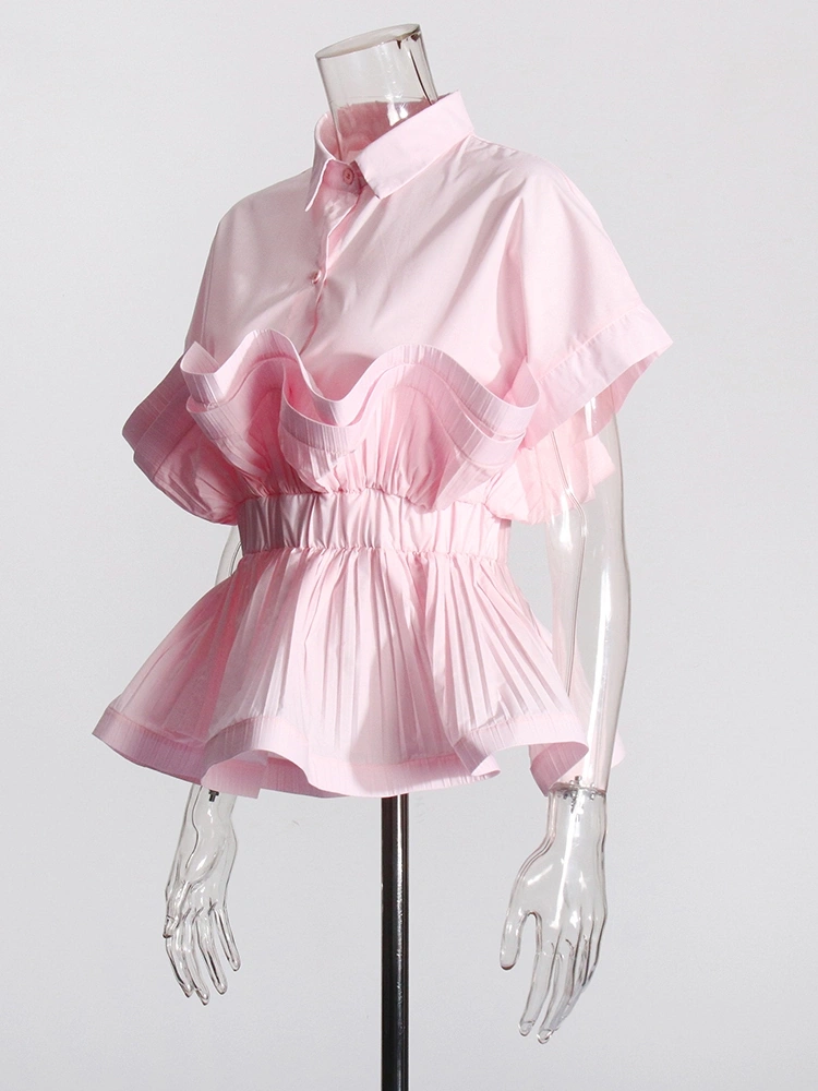 Flip Collar Patchwork Ruffled Edge Short Sleeve Shirt