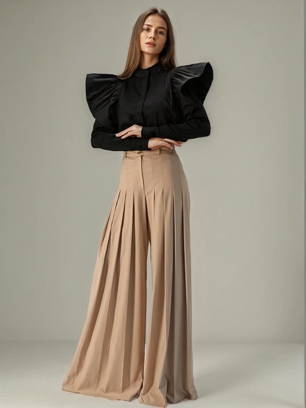 Pleated High Wiast Wide Leg Straight Leg Mop Pants