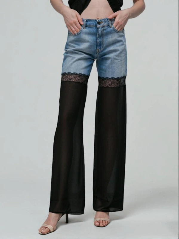 High Waist Lace Patchwork Denim Sexy Wide Leg  Pant